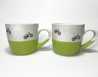 Handcrafted Green and White Mountain Bike Mug Set, Retro Coffee Cup Home Decor, Artisan made Gifts for Him