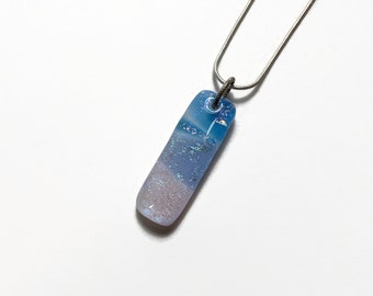 Pink and blue glass pendant, fused glass jewelry, dichroic glass rectangle necklace, chain included