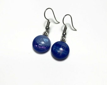 Fused glass iridescent Blue and white earrings dichroic glass jewelry, hypoallergenic, dangle earrings