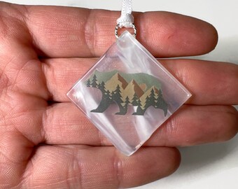 Mountain bear fused glass ornament, window hanging, unique gifts for him, Christmas tree decoration, bear sun catcher, bear home decor