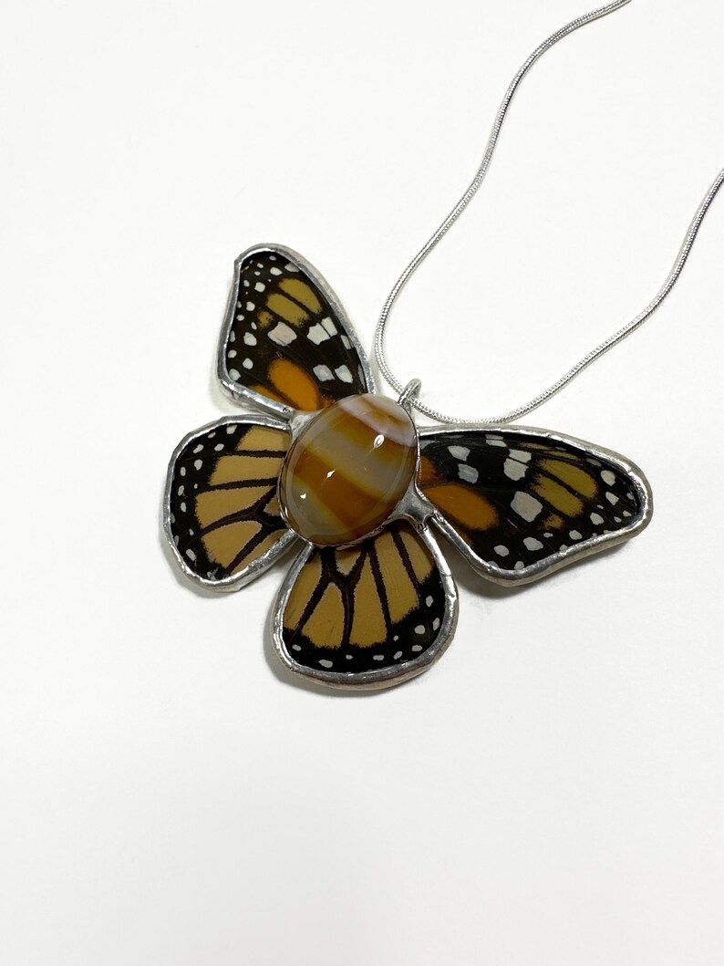 Monarch Butterfly Pendant, Orange and Black Necklace, Glass Pendant