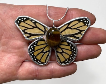 Monarch butterfly pendant, orange and black necklace, glass pendants, Butterfly wing jewelry, stained glass wing