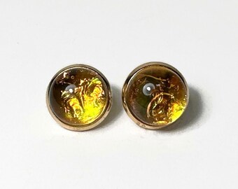 Gold iridescent stud earrings, fused dichroic glass jewelry, round earrings, unique gifts for her, hypoallergenic