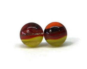 Red yellow studs earrings, colourful fused glass jewelry, minimalist round earrings, best friend gifts, hypoallergenic 8mm unique presents