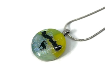 Iridescent green nature pendant, dichroic fused glass jewelry, necklace for mom, chain included