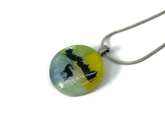 Iridescent green nature pendant, dichroic fused glass jewelry, necklace for mom, chain included