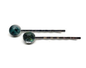 Green glass hair barrettes dichroic glass jewelry iridescent bobby pin sparkle hair clips fused glass hair pins unique gifts for her