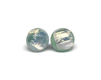 Circle Iridescent Green Stud Earrings, Minimalist Earrings, Glass Earrings, Dot Earrings, Dainty Earrings, Fused Dichroic Glass Jewelry