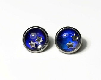 Blue iridescent star stud earrings, real morpho butterfly wing jewelry, handcrafted unique gifts for her, hypoallergenic