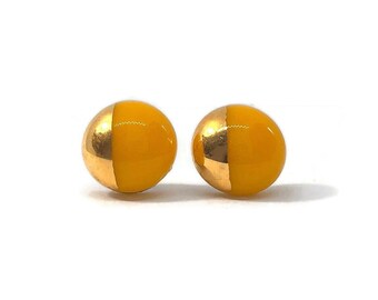 Sunny yellow gold stud earrings, dainty fused glass jewelry, minimalist round earrings, best friend gifts