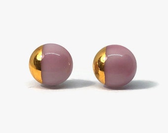 Pink metallic earrings fused glass jewelry friends gifts iridescent round minimalist gold stud hypoallergenic unique presents
