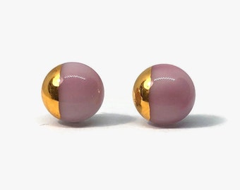 Pink and gold stud earrings, fused glass jewelry, friends gifts, round minimalist studs, hypoallergenic, unique presents