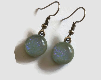 Green dichroic glass earrings, Fused jewelry, unique gifts for her, statement dangle earrings, hypoallergenic