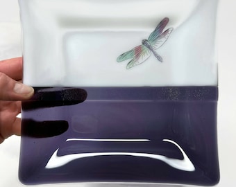 Dragonfly handmade plate, fused glass serving dish, nature home decor, unique gifts for her, housewarming presents