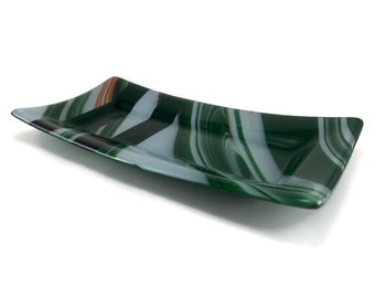 Green white fused glass plate, serving dish, best friend gifts, housewarming presents, spoon rest, kitchen decor, functional art