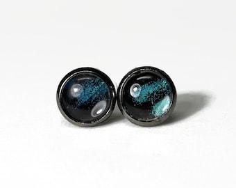 Dainty teal black stud earrings, genuine butterfly jewelry, recycled gun metal glass studs, gifts for her