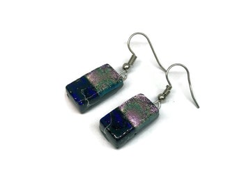 Glass earrings, Fused glass jewelry, iridescent earrings, pink and blue, dangle earrings, dichroic glass earrings, hypoallergenic, sparkle