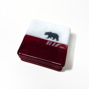 Bear Drink Coasters Set, Fused Glass Holder & Coffee Table Art, Perfect Gifts for Him, Housewarming Present