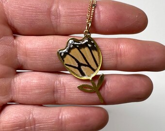 Flower Monarch Butterfly Wing Pendant, Nature Inspired Jewelry, Unique Gifts for Her, Chain Included, Ethically Sourced