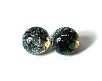 Handcrafted Reflective Green Stud Earrings, Dichroic Fused Glass Jewelry For Mom, Round Dainty Minimalist Studs, Gifts for Her