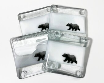 White clear mountain bear coasters, fused glass drink rests, set of 4, gifts for him, wildlife home decor, table art, housewarming presents