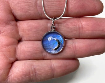 Blue iridescent pendant, glass moon necklace, real butterfly wing jewelry, unique gifts for her, Morpho Didius, chain included