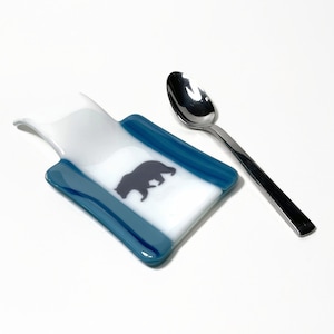 Blue bear spoon rest, fused glass dish, handcrafted utensil holder, kitchen decor, gifts for her, housewarming presents