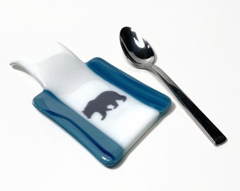 Blue bear spoon rest, fused glass dish, handcrafted utensil holder, kitchen decor, gifts for her, housewarming presents