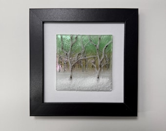 Birch Tree Fused Glass Art, Winter Forest Landscape Panel, Gifts for HER, Framed Wall Decor