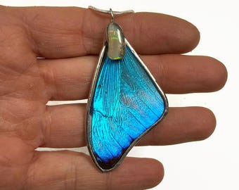 Blue Butterfly Wing Opal Pendant, Real Morpho Jewelry, Handmade Necklace, Gifts for Her