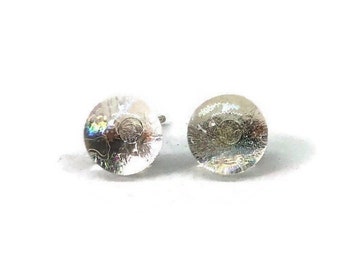 Tiny iridescent clear stud earrings, fused dichroic glass jewelry, unique gifts for her, hypoallergenic