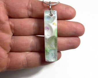 Green and white glass pendant, iridescent necklace, fused glass jewelry, chain included