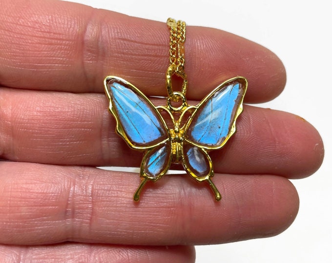 Featured listing image: Blue pendant, iridescent, real butterfly wing jewelry, Blue Morpho butterfly, resin pendant, necklace included