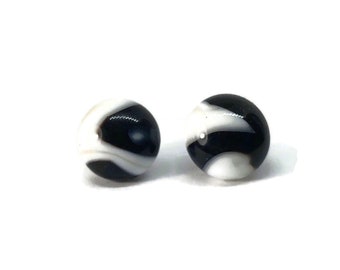 Fused glass black and white earrings glass Jewelry unique gifts for mom minimalist round studs hypoallergenic 10mm