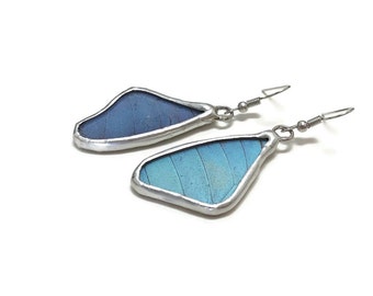 Blue earrings, butterfly jewelry, blue Morpho butterfly, Stained glass jewelry, insect jewelry, blue butterfly, real butterfly wing