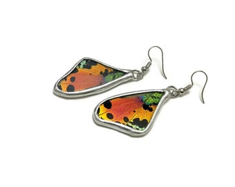 Iridescent rainbow wing earrings, real butterfly jewelry, handcrafted sunset moth, glass earrings for her