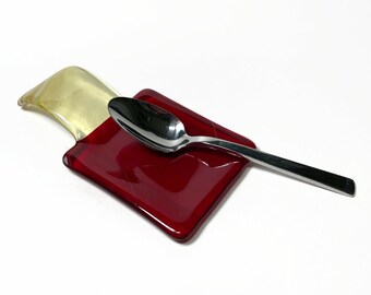 Handmade Red Fused Glass Spoon Rest, Utensil Holder, Unique Kitchen Decor, Gift for Her