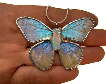 Butterfly Wing Pendant, Real Blue Morpho Pendant For Her, One-of-a-Kind Opal Jewelry