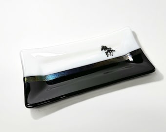 Horse plate fused glass black and white serving dish horse home decor unique gifts for her housewarming presents