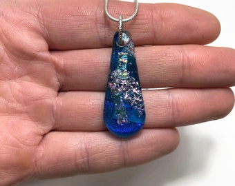 Teardrop blue fused glass pendant, dichroic jewelry for her, chain included, handcrafted unique presents