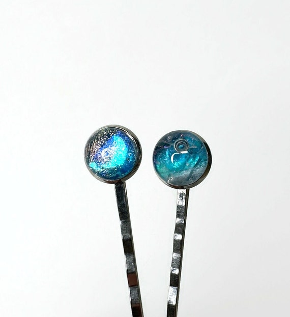 Fused glass blue silver barrettes with dicrotic glass sparkle! Dichroic Glass Barrettes - XS 1 main image 2
