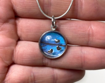 Iridescent blue pendant real blue morpho butterfly wing jewelry best friend gifts glass heart pendant unique presents chain included