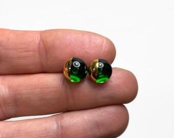 Green metallic gold stud earrings, fused glass jewelry, best friend gifts, round studs, hypoallergenic