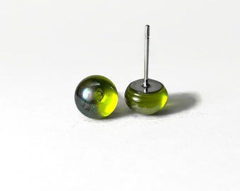 Handmade Iridescent Green Stud Earrings, Elegant Gifts for Her, Artisan Fused Glass Jewelry