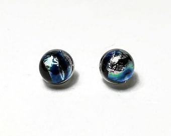 Silver dichroic glass stud earrings, fused glass jewelry, gifts for her, minimalist round studs, hypoallergenic, 8mm