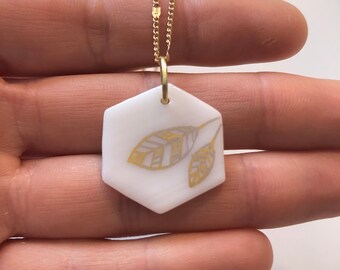 glass pendant, geometric Necklace, White and gold, Dichroic Glass Jewelry, iridescent pendant, Fused Glass necklace, hexagon pendant