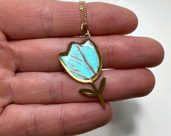 Iridescent blue pendant, flower resin pendant, real butterfly wing jewelry, morpho sulkowskyi, unique gifts, chain included