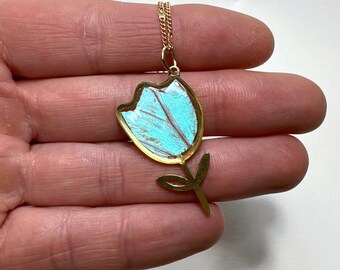 Iridescent blue flower pendant, resin pendant, real butterfly wing jewelry, morpho sulkowskyi, unique gifts for her, chain included