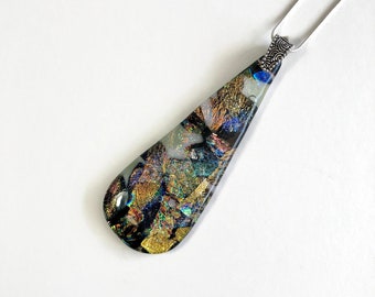 Copper necklace black Dichroic glass jewelry fused glass pendant, statement pendant, chain included