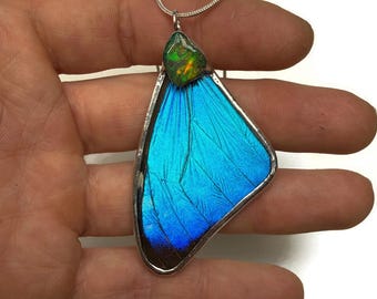 Real Blue Morpho Butterfly Wing Pendant, Iridescent Insect Jewelry, Ethiopian Opal Necklace, Gifts for Her